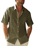 Picture of Mens Beach Linen Shirts Short Sleeve Cuban Button Down Casual Summer T Shirt Guayabera Hawaiian Tee Loose Fit Tops A Army Green