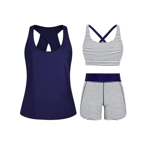 HUSKARY 3 Piece Tankini Swimsuits for Women Swim Tank Top with Bra and High Waist Boy Shorts with Pockets Blue Oblique Stripes Small