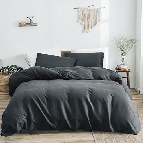 Phf Linen Duvet Cover Set King, Upgraded French Linen Blend Duvet Cover Set, Comfy Elegant Comforter Cover Set For Hot Sleepers, 1 Duvet Cover And 2 Pillowshams, 106"X 92", Dark Grey Blackish #TOP1