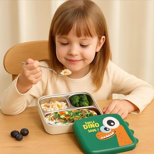Image of TEKCOOL Green Kids Lunch Box - Stainless Steel Insulated Tiffin for School with Spoon, BPA-Free | Leak-Resistant Bento Box with Tray & Container | 1120ml + 70ml (Green, Super Dinosaur)';