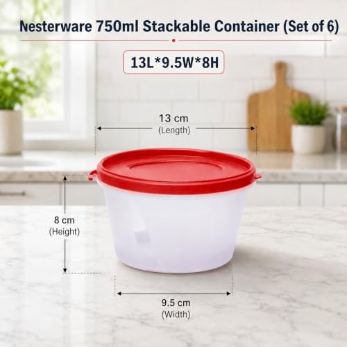 Image of Cutting EDGE Nesterware 750ml Stackable Food Container (Set of 6, Red) | BPA-free plastic, stackable design, leak-proof, kitchen storage, pantry, fridge, meal prep, reusable, travel use