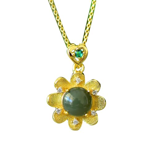 Collier de Fleurs de Soleil Argent S925 et Pendentif Jade Hetian Naturel, Bijou Femme Tendance
