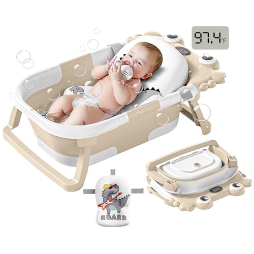 Image of Collapsible Baby Bathtub for Infants to Toddler with Real-time Temp Monitor+Floating Cushion,Foldable Baby Bath Tub Set Applicable 0-36 Month,Portable Travel Baby Tub for Newborns Boy (Beige)
