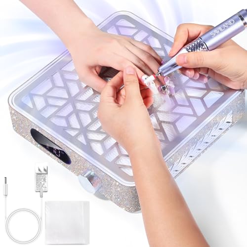 SAVILAND Nail Dust Collector with Lamp – Powerful Nail Vacuum Fan 40W Dust Collector Extractor Electric Dust Suction Machine with Reusable Filter for Acrylic Gel Nails Polishing, Low Noise,