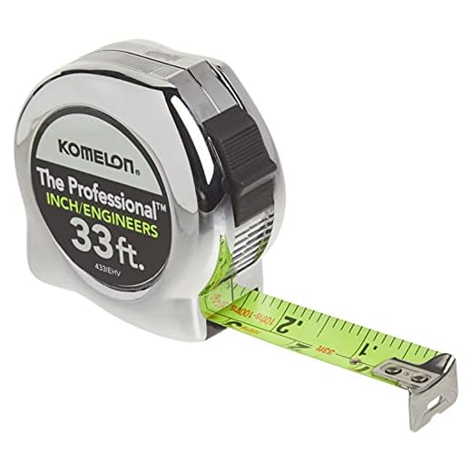 Komelon 433IEHV High-Visibility Professional Tape Measure both Inch and Engineer Scale Printed 33-feet by 1-Inch, Chrome