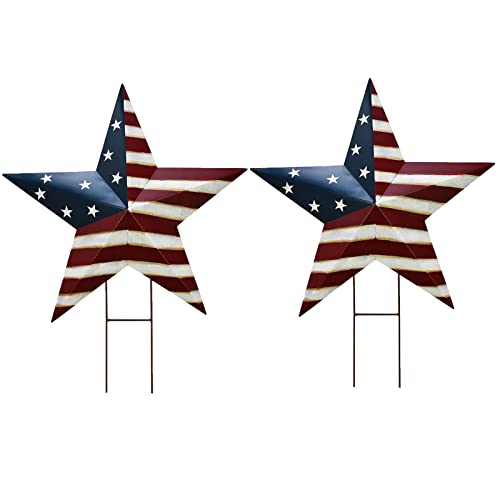 Metal Barn Star Yard Sign Patriotic Garden Stakes Hanging Ornament With Stake Outdoor 4Th Of July Lawn Decoration Party Supplies Usa Flag Decor For Independence Day Memorial Day (27.5" X2) #TOP10