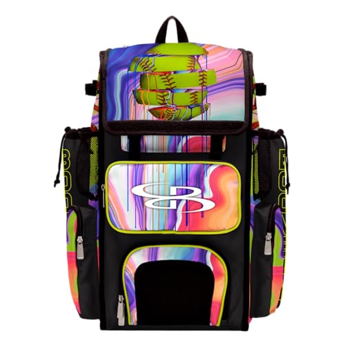Boombah Superpack Bat Bag - Backpack Version (no wheels) - Holds 4 Bats - Softball Focus Optic Yellow/Black/Amethyst Orchid