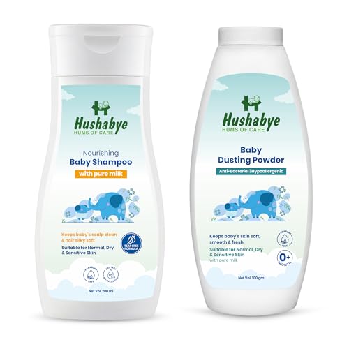 Image of Hushabye Nourishing Baby Shampoo (200ml) & Baby Dusting Powder (100g) with Milk Protein | Tear-Free Formula, pH Balanced for All Skin Types | Newborn Care Gift Set, Combo Pack of 2