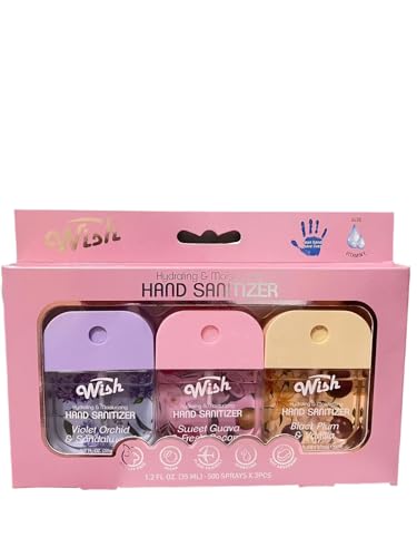 WISH Hydrating Hand Sanitizer Gift Set 4 Pack Moisturizing Spray with Black Plum Vanilla Violet Orchid Sandalwood Sweet Guava Coconut Cucumber Melon Fragrances 1.2 FL OZ Each (Violet Orchid)