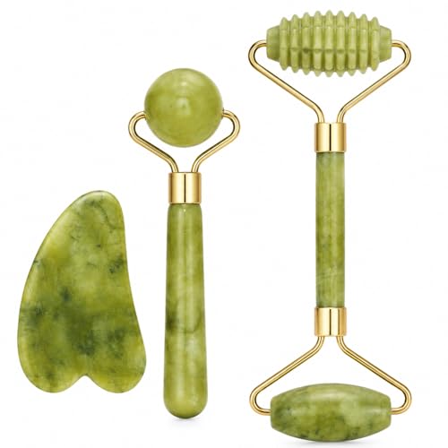 Set Gua Sha y rodillo de jade de 3 piezas, piedra de masaje facial de cuarzo natural, herramienta de elevación antienvejecimiento y alisado de arrugas para cara y cuello