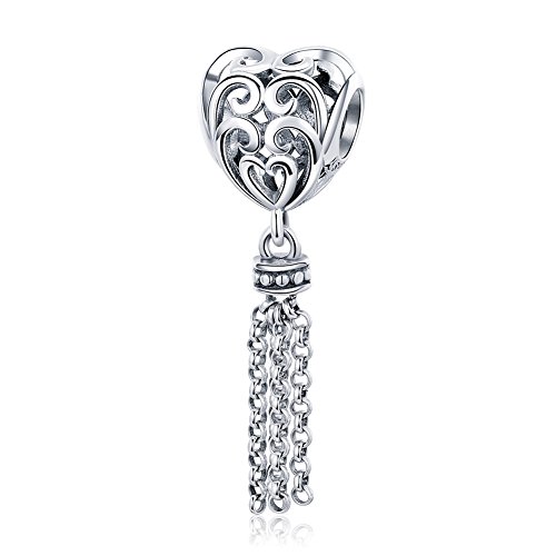 Beauty Hollow Out Heart Charm 925 Sterling Silver Tassel Dangle Bead for Bracelet or Necklace