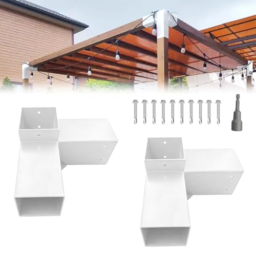 Image of 2Pack 3-Way Pergola DIY Bracket Kit,White Heavy Duty Right Angle Corner Brackets with Screws for 4 inchx4 inch(Actal:3.5 inchx3.5 inch) Wood Beams for Outdoor Pavilion,Kitchen,Porch,Hammock,Hunt Cabin