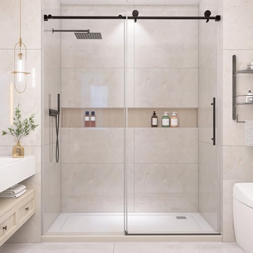 SBANGO Glass Shower Door, 55-60" W x 76" H Frameless Sliding Shower Door, 1/4" (6mm) Tempered Clear Glass Door, Explosion-Proof & Waterproof, Stainles