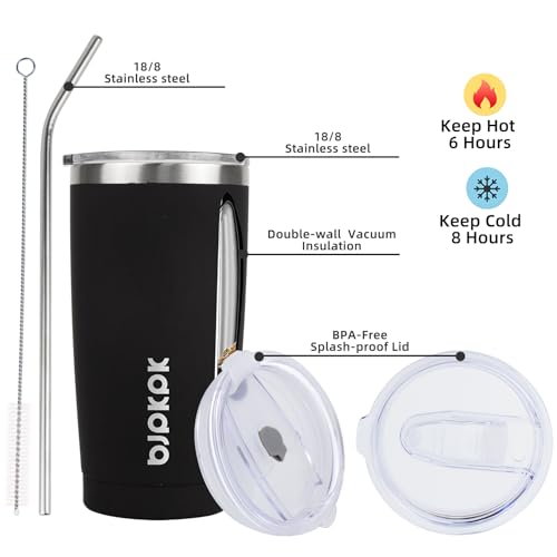 Image of BJPKPK 20 oz Coffee Tumbler with Lid, Straw, Insulated Stainless Steel Mug | Double Wall Vacuum, Keeps Hot /Cold, BPA Free, Leak Proof, Iced Coffee Cup Fit Car Holder, Travel & Beach Ready, Black