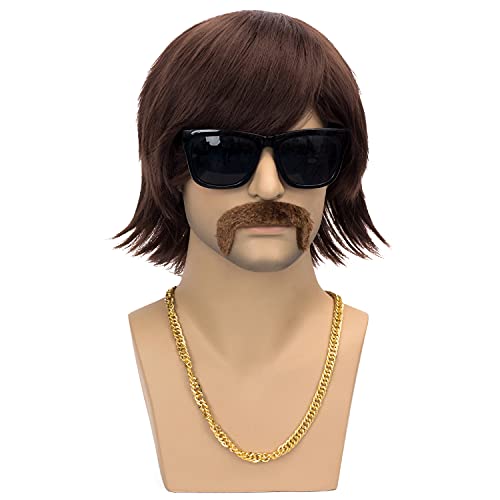 Mens 70s Wig Disco 60s Wig Short Brown Wig Gold Chain + Mustache Costume Party