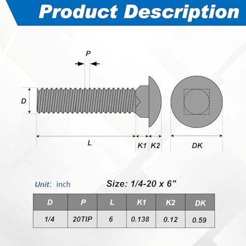 Image of Zonon 25 Sets 1 /4-20 x 6 Stainless Steel Carriage Bolts and Nuts Kit Round Head Square Neck Carriage Bolts Screws and Hex Nuts and Flat Washers, Stainless 18-8 Full Thread Coverage (Silver)