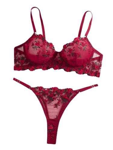 Image of Sexy Floral Embroidered Flower Mesh Underwire Push Up Lingerie Set