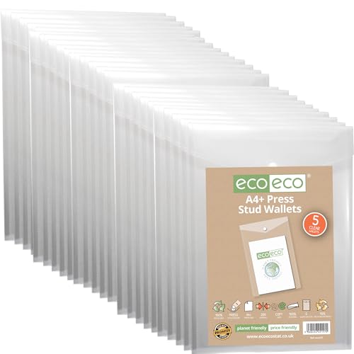 Image of eco-eco A4 50% Recycled Clear Transparent Portrait Press Stud Popper Wallet, Plastic Folders 330x235mm (Pack of 25), 200mic, eco157x25