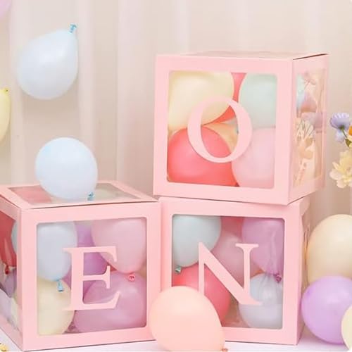 Image of Rozi Decoration Pink Number 1 Balloon Box Set of 3 | 11.8 inch First Birthday Decor Boxes for Baby Girl | 1st Birthday Party Supplies with Clear Window & Letter Cutout