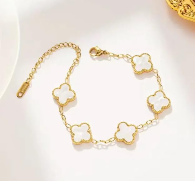 Image of STYOLLO Four-Leaf Clover Anti Tarnish Bracelet for Women & Girls Stylish | Elegant Gold-Plated Lucky Charm Jewelry | Aesthetic Enamel Design Adjustable Chain Bracelet for Daily, Gifting & Festive