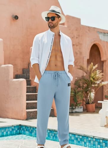 Mens Linen Cotton Pants Drawstring Waist Lightweight Loose Fit Straight Leg Casual Beach Travel3