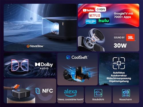 Yaber K3 Smart Beamer 【 Google TV & Sound by JBL】 Tageslicht Beamer mit WiFi 6 & Bluetooth, Handy Projektor für 4k Heimkino & Outdoor, Dolby Audio/Auto-Bildeinstellung, Netflix & 7000+ Apps
