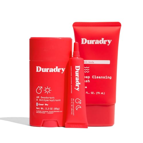 Duradry 3-Step System fights Excessive Underarm sweat, odor & hyperhidrosis, block sweat. Includes antiperspirant stick, sweat control gel & body wash.- Clear Sky (Crisp Pear + Vanilla)