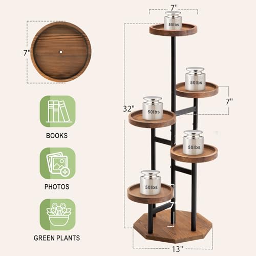 TEAKMAMA 5 Tier Plant Stand Indoor Tall Metal Wood Plant Shelf with Anti-fall Embedded Tray for Multiple Plants Outdoor Garden Plant Decor for Patio Garden Corner Living Room Balcony Bedroom