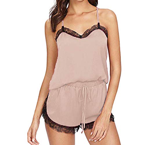Betory Femmes Ensemble De Pyjama Dentelle Classique DéBardeurs sans Manches Shorties Bretelles Sexy Chic Yoga Course avec Garniture Satin Caraco Satin Service Pyjama