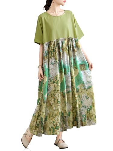Image of Women's Oversized Dress Plus Size Summer Dress Artsy Print Pathwork | Loose, Oversized Cut Baggy Dresses. O Neck with Pockets. Breathable Viscose Fabric for Summer. Colorful Print Patchwork