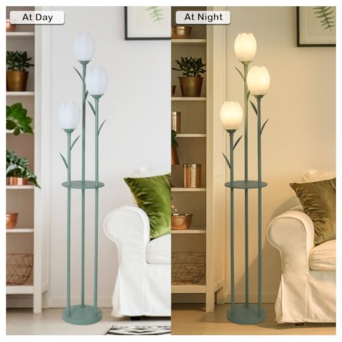 Image of 3-Light Flower Floor Lamps for Living Room, Green Floor Lamp with Shelves, Unique Tulip Standing Lamp with 3 LED Blubs, Cute Floral Tall Lamp, Modern Stand Up Light Decor for Bedroom, Kids Room