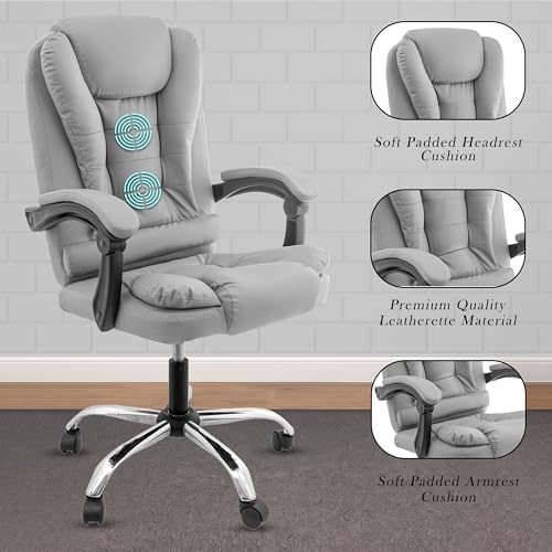 Image of Casa Copenhagen Italia Premium Leatherette Office Chair for Work | Boss Chair, Ergonomic Executive, Luxurious Cushioned Arms & Seat, 2 Point Back Massager, Heavy Duty Metal Base (Light Grey)