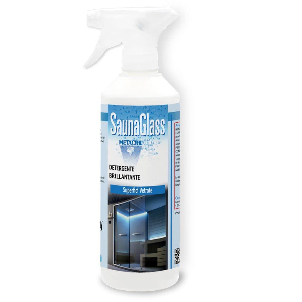 Metacril SaunaGlass, Nettoyant et Brillantant Auto-Séchant pour Surfaces Vitrées de Sauna - 500 ml