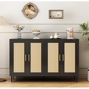 Sideboard Buffet Cabinet with Storage 4 Doors Accent Sideboard Coffee Bar Cabinet Rattan Sideboard for Dining Room Kitchen Hallway Cupboard Console Table