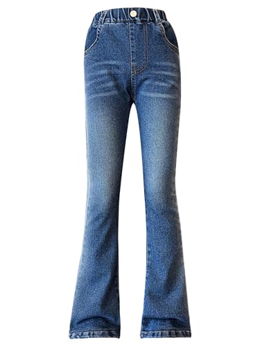 Kids Girls Denim Pants Elastic Waist Bell Bottom Flared Jeans with Pockets Casual Trousers