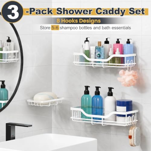 Image of OMAIRA 3-Pack Shower Caddy with Soap Holder, Adhesive Rustproof No-drill Strudy Loading Inside Shower Organizer Shelves Rack Storage Bathroom Organization for Smooth Wall Glass Tile, White (XX-Large)