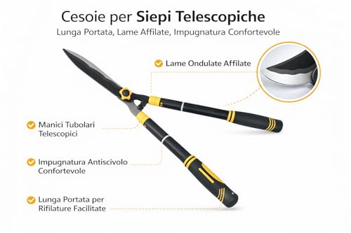 Toolmak Cesoie Per Siepi Telescopiche 620–810 Mm, Forbici Da Giardino Con Manico Estensibile, Lama Doppia In Acciaio Temprato, Taglio Preciso Per Siepi E Arbusti - 3