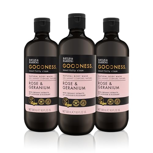 Baylis & Harding Goodness Rose & Geranium Natural Body Wash, 500 ml (Pack of 3) - Vegan Friendly