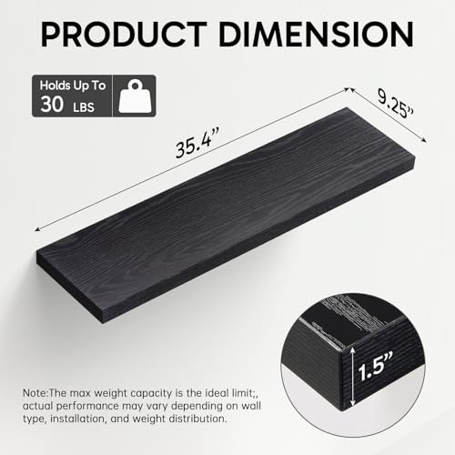 Image of BAYKA Floating Shelves for Wall, 35.4 inches Long Wall Mounted Rustic Wood Shelves for Bathroom, Bedroom, Living Room, Kitchen, Office, Hanging Shelf for Books /Storage /Decor(Black,Set of 2)