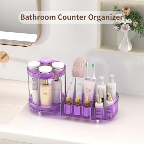 Image of 360 Rotating Vanity Makeup Organizer, 2 Small Trays & 5 Compartments for Cosmetics, Skincare, Perfume, Lipstick & Make up Brushes Holder, Purple Countertop Organizers and Storage for Dresser, Bathroom