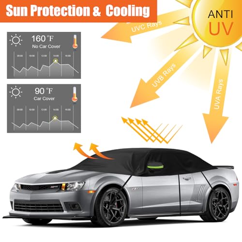 Image of Half Car Cover Compatible with Chevrolet Camaro 2010 2023, Winter Windshield Cover with Side Mirror Cover, Top Roof Protector for Snow Ice Hail Rain Sun Protection