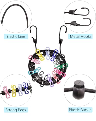 BINCKIN Retractable Travel Clothes Line, Portable Washing Line with Pegs, Holiday Clothes Lines for Balcony, Laundry Line Outdoors with 12 Colorful Clothespins, Camping Accessories Drying Line 2PCS - Image 2