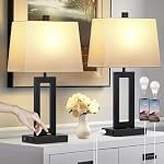 Cinkeda Table Lamp Set of 2 with USB C+A Ports & AC Outlet, Bedside Lamps, Modern Bedroom Lamps, Black Lamps for Night Stands Bedroom Living Room,Nightstand Lamp