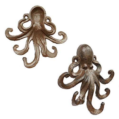 Ymaiss Rustic Brown Cast Iron Octopus Hooks,Key Hooks,Sea Theme Hook,Coastal Hook,Antique Old Shabby Chic Cast Iron Hooks, Decorative Swimming Octopus Tentacles Key Hook Matching Screws Included #TOP2