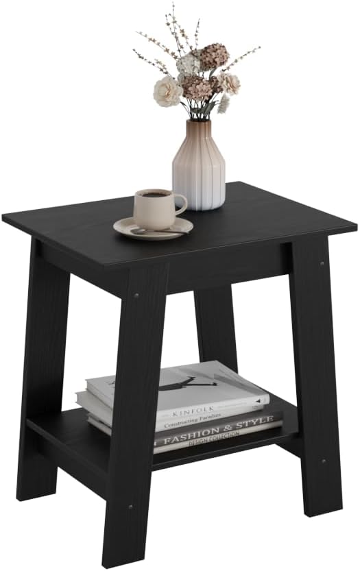 IDEALHOUSE Small End Table, Side Table with 2-Layer Storage Shelves, Rustic Wooden Accent Table for Small Spaces, Narrow Nightstand for Living Room, Bedroom, Entryway, Farmhouse, Black