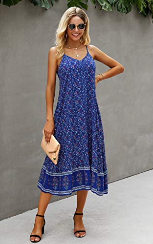 Image of Angashion Women's Dresses Floral Adjustable Spaghetti Strap V Neck Boho Long Maxi Dress Summer Beach Flowy Ethnic Sundress