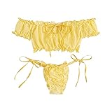 JISHII Dessous-Sets für Damen Lace up Spitze Schleife Einfarbig Trägerloser Dessous-Sets Tief Sitzender String Verführerisch Wohlfühl Passform Körperbetont Extradünn Atmungsaktiv Erotische Reizwäsche