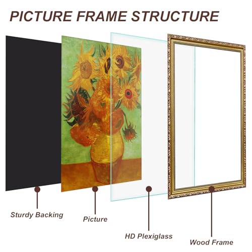 Image of FJXMFRAME 13x19 Picture Frame Gold Vintage Picture Frames Wood | Shatter-resistant Plexiglass, Wall Hanging
