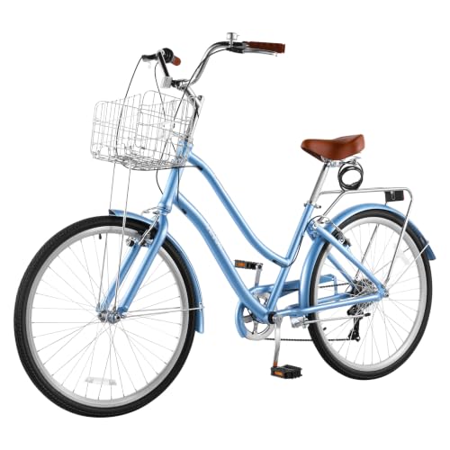 VEVOR Women Bike, 26 in Beach Cruiser Bike, 7-Speed Adult City Bicycle with Aluminum Alloy Frame, 330 lbs Capacity, Basket, Rear Rack & Dual V-Brakes, Light Blue by VEVOR - Used condition - Image 3