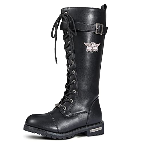 Dream Apparel Women’s Motorcycle Boots for Riding, Biker Boots with Full Length Side Zipper, Lace Up Knee High Boots with Calf Buckle, Black PU Leather Combat Boots for Ladies, Size 8